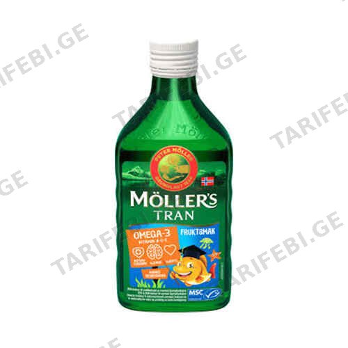 თევზის ქონი - MOLLERS COD LIVER OIL OMEGA-3, AROMA TUTTI FRUTTI, 250 ML