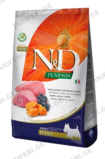 ძაღლის საკვები Farmina N&D Pumkin Adult Mini ბატკანი და მოცვი 2.5 კგ
